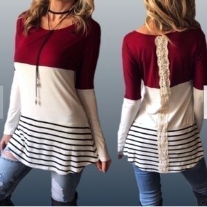 Women's Color Block Crochet Lace Detail Long Sleeve Fashion Tunic Top